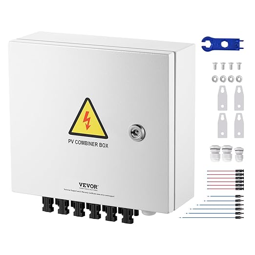 VEVOR PV Combiner Box, 6 String Metal Solar Combiner Box with 10A Rated Current Fuse 63A Circuit Breaker Lightning Arrester, Steel Case for On/Off Grid Solar Panel System, IP65