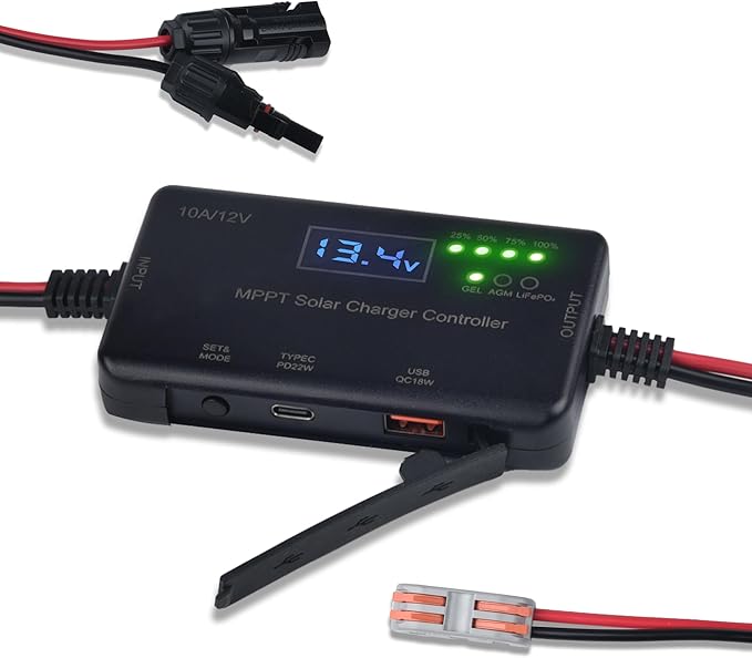 MPPT Solar Charge Controller 12V 10A with Wire Connectors ,Solar Panel Charge Controller with Type-C and USB Output for Gel, AGM, LiFePO4 Battery