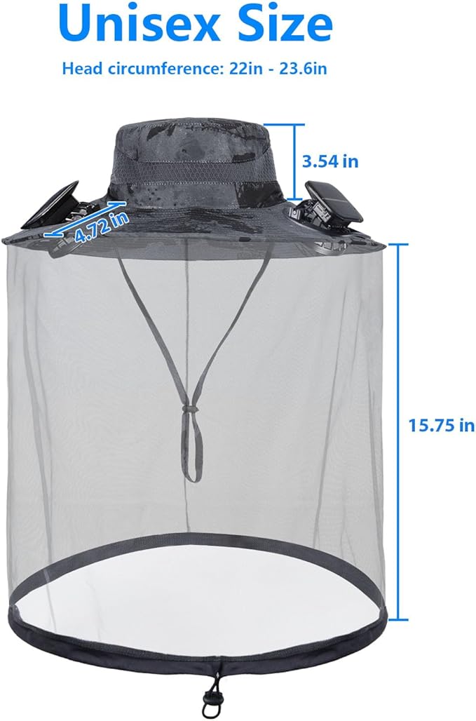 Solar Fan Hat with Mosquito Net, Wide Brim Sun Hat with 2 Solar Powered Fans, Fishing Hat with Solar Fans for Men Women