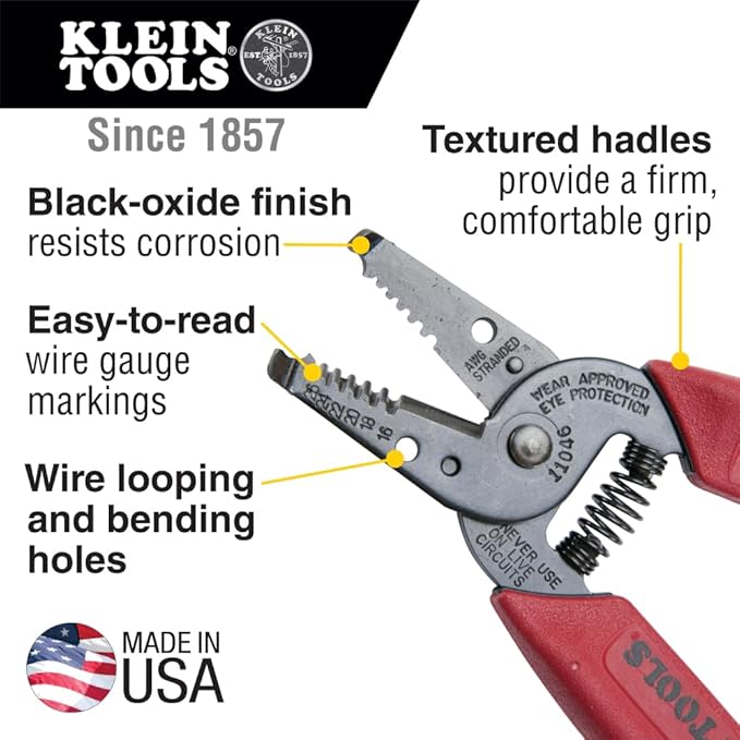 Klein Tools 11046 Wire Stripper, Wire Cutter, Made in USA, Stripping/Cutting Tool for 16-26 AWG Stranded, Compact Nose with Precision-ground Stripping Holes