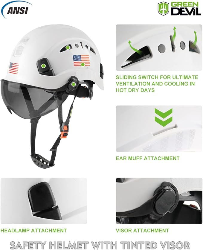 GREEN DEVIL Safety Helmet Hard Hat with Visor Chinstrap Adjustable Lightweight Vented ABS Work Helmet for Men and Women 6-Point Suspension ANSI Z89.1 Approved Ideal for Industrial & Construction