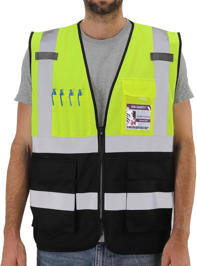 Dib Safety Reflective Vest ANSI Class 2, High Visibility Vest with Pockets and Zipper, Construction Work, Hi Vis