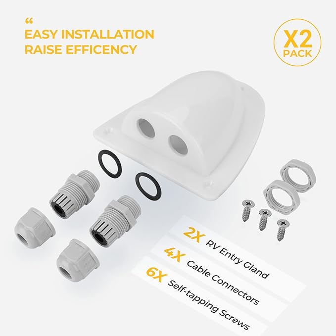 BougeRV 2 Packs of White Solar Double Cable Entry Gland Box, RV roof Waterproof ABS Solar Double Cable Entry housing for RVs, Boats, Yacht, Roofs，camperman for All Cable Types 14AWG to 10AWG （White）
