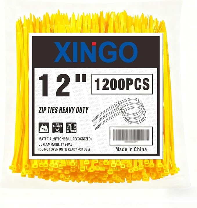 XINGO 12 Inch Yellow Zip Ties 1200 PCS, 75 LBS Ultra Strong Tensile Strength, UV Resistant Cable Ties, Self-locking Plastic Ties for Indoor and Outdoor Use