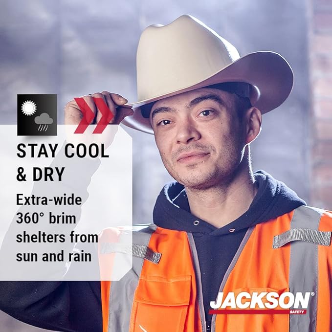 Jackson Safety Cowboy Hard Hat - Non-Vented, Full Brim, 4-Point Ratchet Suspension Safety Helmet for Men & Women - ANSI Z89.1 Class E & OSHA Compliant - Made in USA