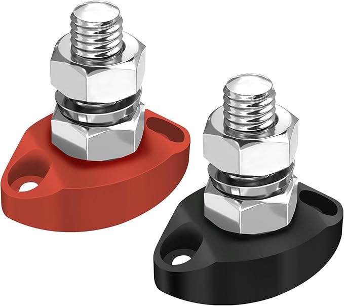 LENKRAD 2Pcs 250A Power Distribution Block M10 Single Stud Bus Bar 12 Volt DC Battery Junction Posts 304 Stainless Steel Insulated Stud Terminal Marine Bus Bar - Positive&Negativ (Red and Black)