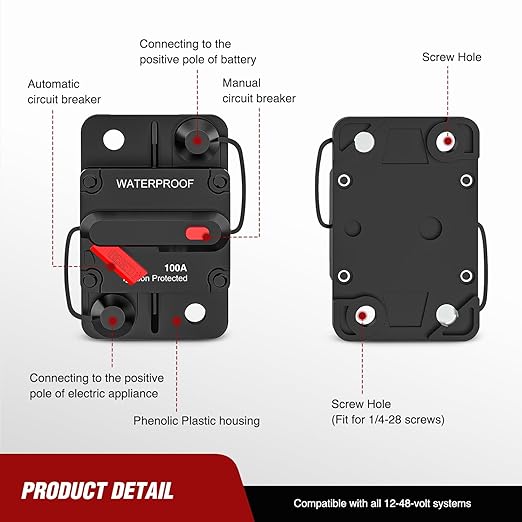 Nilight 100A Circuit Breaker Resettable 12-48V DC Manual Reset w/Copper Wire Lugs Surface Mount Overload Protection for Car Audio Sound Amplifier System RV Marine Boat Truck, 2 Years Warranty