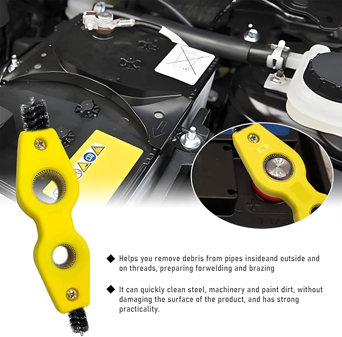 Car Battery Terminal Cleaning Brush, 4 in 1 Steel Wire Brush for Battery Terminal Cleaning, Anti-Corrosion Auto Machine Part Battery Terminal Cleaning Tool, Car Accessories (Yellow)