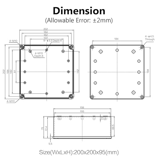 LeMotech Junction Box IP67 Waterproof Dustproof ABS Plastic Project Box for Electrical Outdoor Enclosure Gray 7.9 x 7.9 x 3.7 inch (200 x 200 x 95 mm)