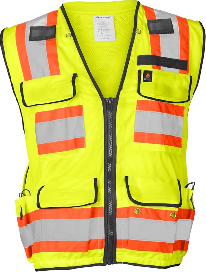 Ironwear 1278FR-L-07-4XL ANSI Class 2 Flame Retardant Polyester Surveyor SAFETY Vest with 2" Silver Reflective Tape, Lime, 4X-Large