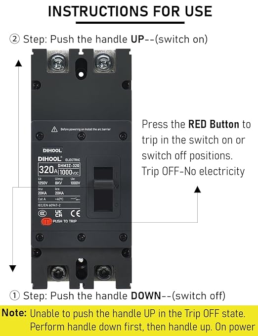 DIHOOL 320 Amp DC Circuit Breaker,2P 1000V 20kA Breaking Capacity Battery Disconnect Switch with Thermal Magnetic Trip for Solar, UPS, Battery