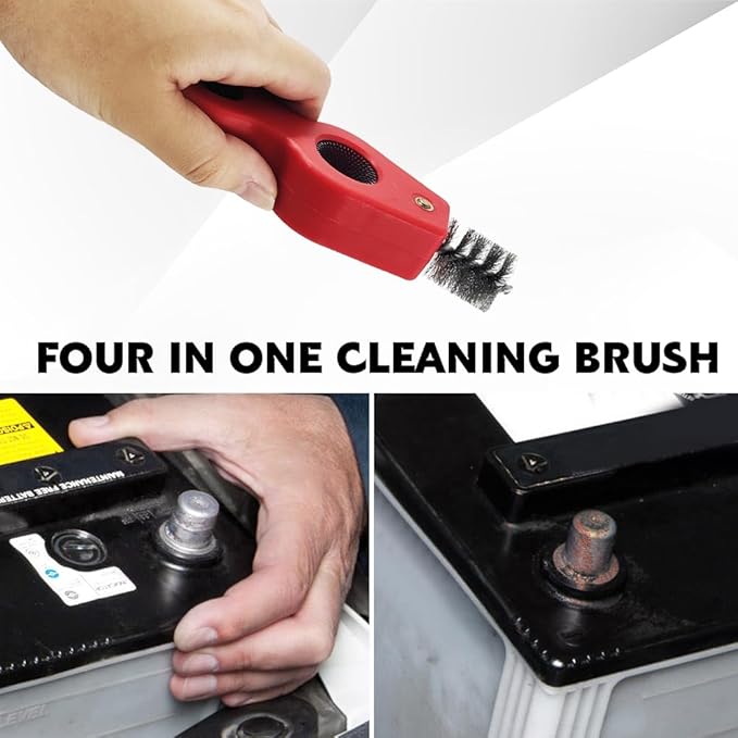 4 in 1 Car Battery Cleaning Brush, Battery Terminal Brush, Anti-Rust Auto Battery Cleaner with Steel Wire, Car Accessories Vehicle Machine Parts Cleaning Tools Fit for Auto Marine (Red)