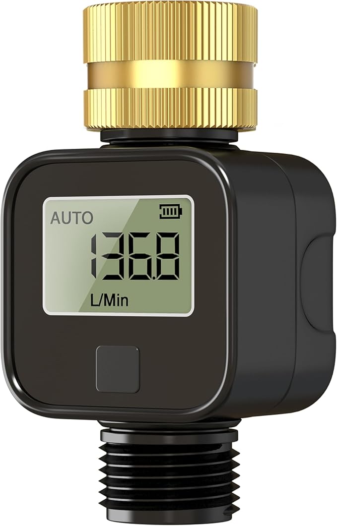 Water Flow Meter with Brass Metal Thread, Measures Gallons/Liters & Flow Rate – Ideal for RV Water Tank Filling, Garden Hose Watering, Lawn Sprinklers & Nozzle Sprayers