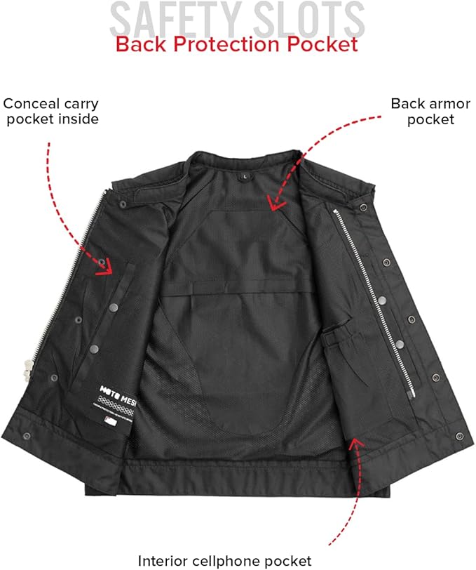First Mfg Co Lowrider Mens Motorcycle Biker Riding Armor Club Style Black Leather, Twill, Moto Mesh, Perforated Vest