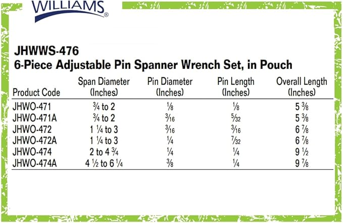 Williams JHWWS-476 6-Piece Adjustable Pin Spanner Wrench Set, Ideal for Adjusting Collars, Lock Nut Rings, and Bearings