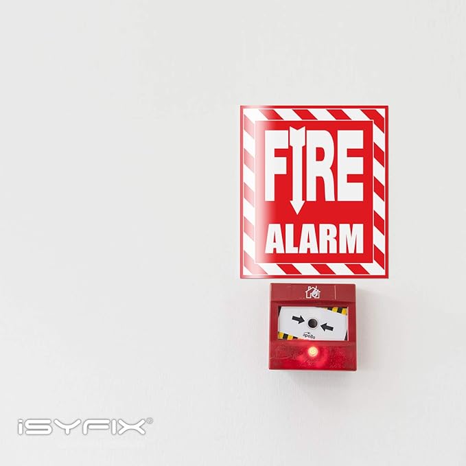 iSYFIX Fire Alarm Sticker Signs Stickers - 4 Pack 6x7 Inch - Premium Self-Adhesive Vinyl, Laminated for Ultimate UV, Weather, Scratch, Water and Fade Resistance, Indoor and Outdoor Red