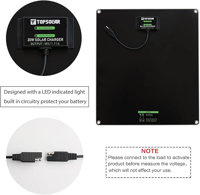 Topsolar 20W 18V Solar Panel Portable Battery Charger/Maintainer for Car, Motorcycle, Boat, RV, Trailer, Snowmobile