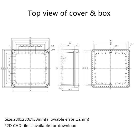 Junction Box，11"x 11"x 5.1" Outdoor Electrical Box with Mounting Plate, IP67 Dustproof Waterproof ABS Plastic Project Box, DIY Electrical Enclosure Gray (280x 280x 130 mm)