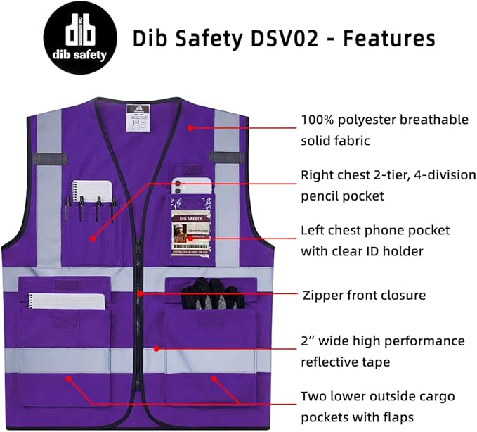 Dib Safety Reflective Vest ANSI Class 2, High Visibility Vest with Pockets and Zipper, Construction Work, Hi Vis