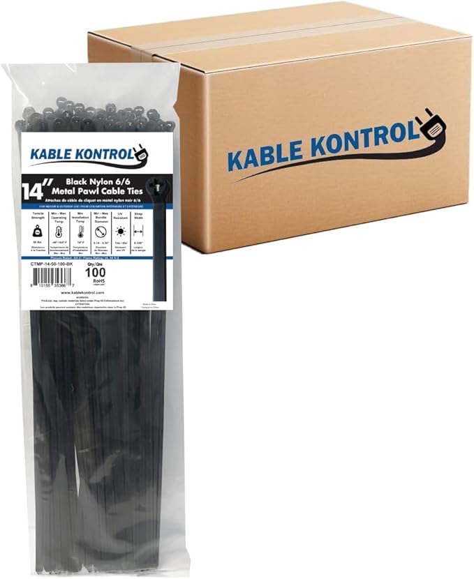 Kable Kontrol Cable Ties with Metal Tooth Bulk Pack, 14 Inch 5,500 Pcs, 50 Lbs Tensile Strength, Metal Pawl, Stainless Steel Toothed Self-Locking Device, UV Resistant Steel Barb Zip Ties - Black