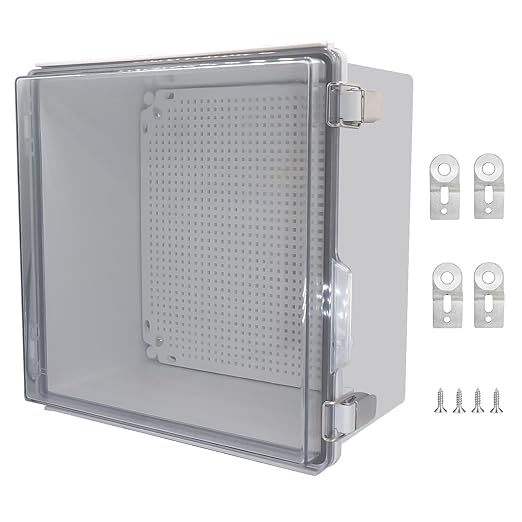 Waterproof Junction Box, ABS Plastic Electrical Box with Stainless Steel Latch, Hinged Cover Electric Project Enclosure Box with Mounting Plate, Wall Brackets,Clear 13"x13"x6.7"
