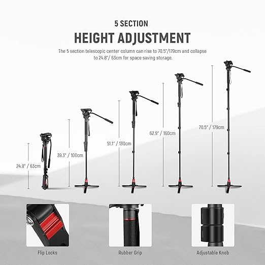 NEEWER Professional Camera Monopod with Feet, 70.5"/179cm Telescopic Portable Aluminum Travel Monopod with Pan Tilt Fluid Head and Removable Tripod Base for DSLR Camera Camcorder, Max Load 13.2lb/6Kg