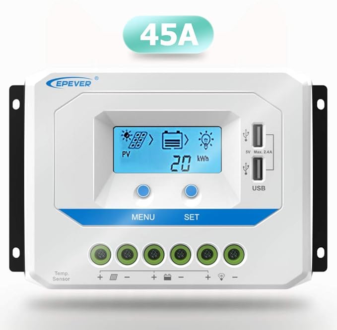 EPEVER® 45A Solar Charge Controller 12V/24V/36V/48V Auto Working PWM Solar Panel Charge Regulator with LCD Display and Powerful Dual USB Output