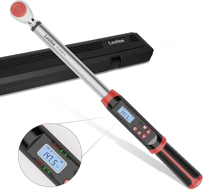 Leolee 1/2-Inch Drive Digital Torque Wrench with Angle, 7.38-147.5 Ft-Lb/10-200 Nm Electronic Torque Wrench with Preset Value, Data Storage, Buzzer, LED Flash Notification for Motorcycle, Car