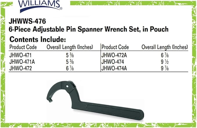 Williams JHWWS-476 6-Piece Adjustable Pin Spanner Wrench Set, Ideal for Adjusting Collars, Lock Nut Rings, and Bearings