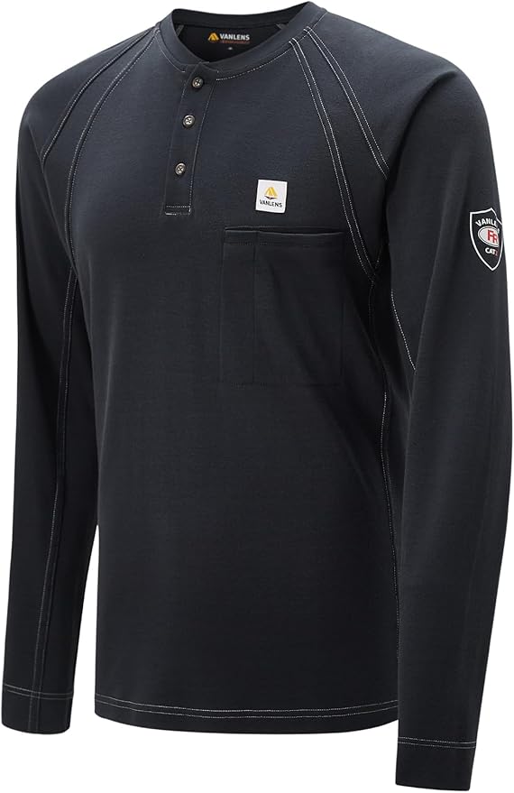 FR Shirts for Men Light Weight Flame Resistant Henley Shirts Long Sleeve Shirts HRC2/CAT2 6.5oz 100% Cotton