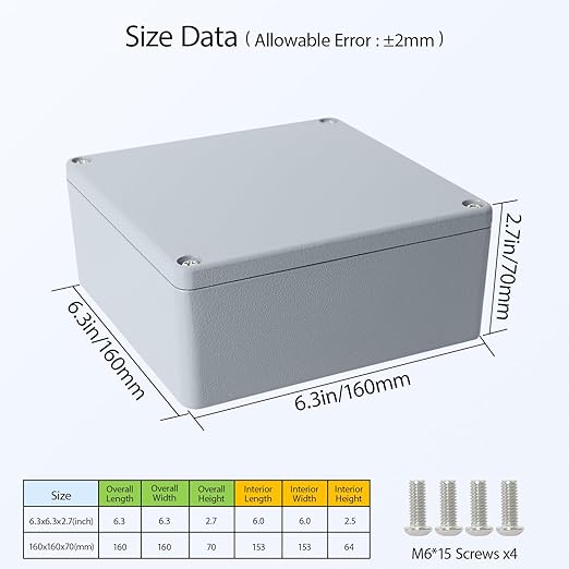 LeMotech Junction Box, Aluminum Alloy Metal Electrical Box, IP67 Waterproof Dustproof Project Box, Outdoor Universal Enclosure, Grey 6.3x6.3x2.7in (160x160x70mm)