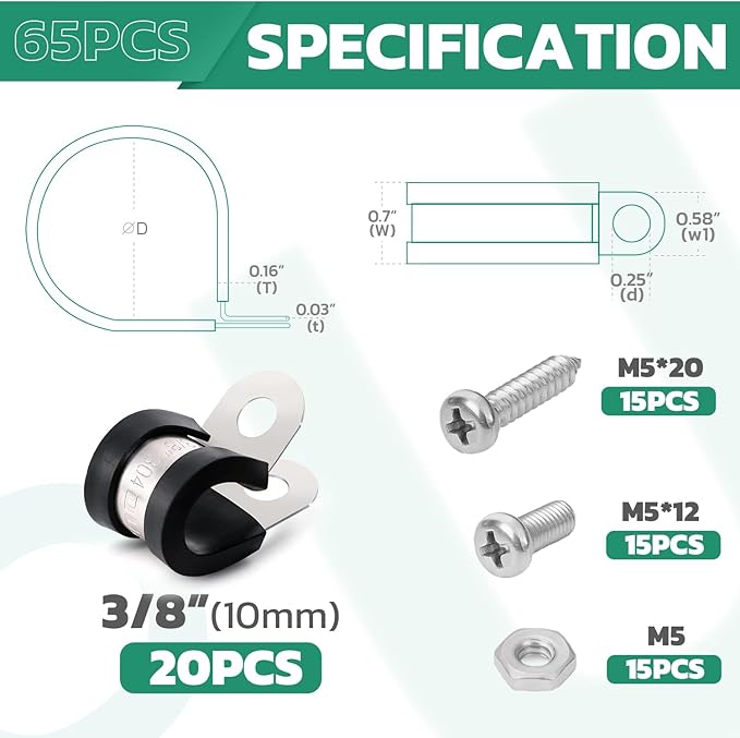 20PCS 3/8 Inch Cable Clamps with 45PCS Screws Assortment Kit 304 Stainless Steel Rubber Cushioned Insulated Cable Clamp, Automotive Wire Pipe Clamps(10mm)