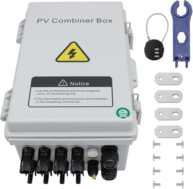 4 String Solar PV Combiner Box with DC Circuit Breaker, Lightning Arrester and 15A Rated Current Fuse for On/Off Grid Solar System(Gray, with Lock)