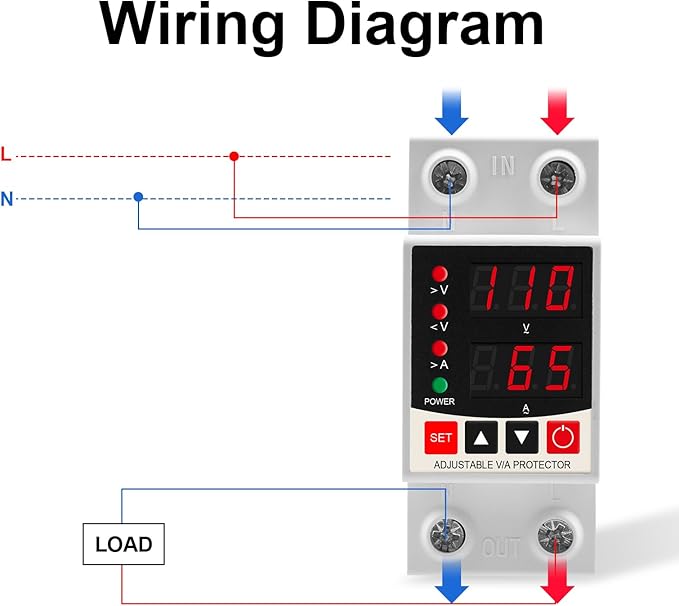 Adjustable V/A Protector Over/Under Voltage & Overcurrent Protection Intelligent Relay Reset Protector Voltage Output Stabilizer for Home Office Appliance, AC110V DC85-300V 63A, Din Rail Mount