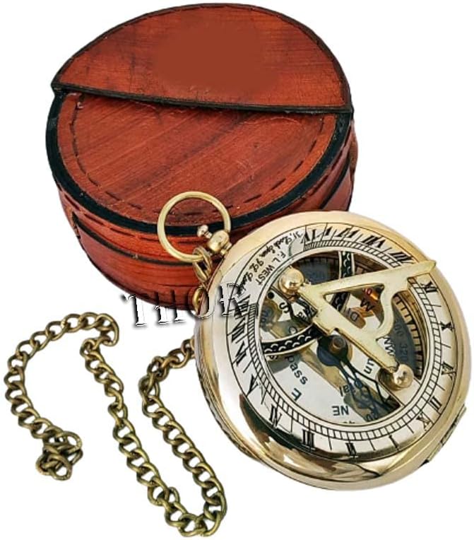 Beautiful Brass Sundial Compass with Brown Leather Case & Chain | Push Open Compass | Camping | Hiking Steampunk | Accessory Brass Finish | Sundial Clock Anniversary | Valentine’s Handmade Gift