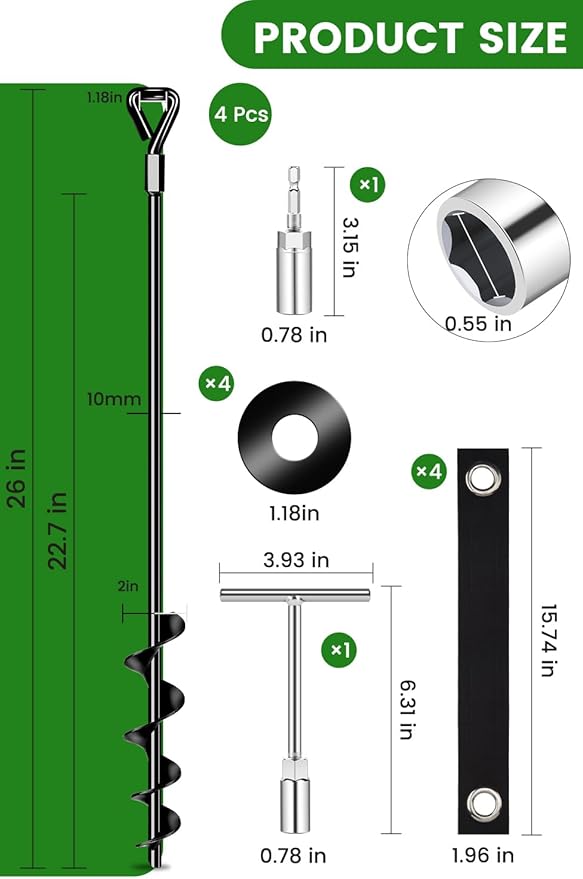 26-Inch Ground Anchors Heavy Duty, Trampoline Stakes Anchors Screw-in for High Wind, Earth Anchor with Strong Straps for Swing Sets, Trampolines, Mobile Home, Sheds, Carports(4x26in)