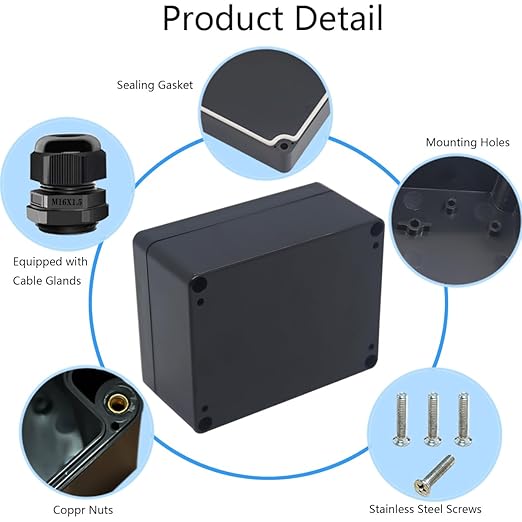 Junction Box IP65 Waterproof ABS Plastic Electrical Project Case Power Junction Boxes, Project Box with 4 PCS M16 Cable Glands 4.53x3.54x2.17 inch (115 x 90 x 55 mm)