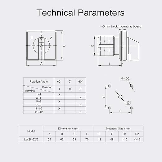 Changeover Switch LW28-32 3 Positions 12 Terminals Universal Rotary Cam Selector Latching Switches 690V 32A