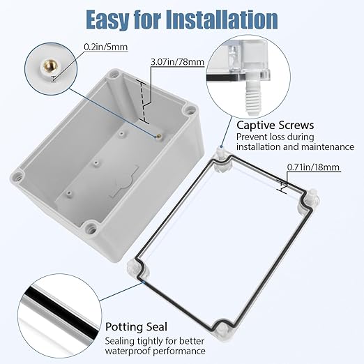 LeMotech Junction Box IP67 Waterproof Dustproof Electrical Box Project Box DIY Enclosure Gray with Transparent Clear Cover, External Size 6.9x4.9x3.9in (175x125x100mm)