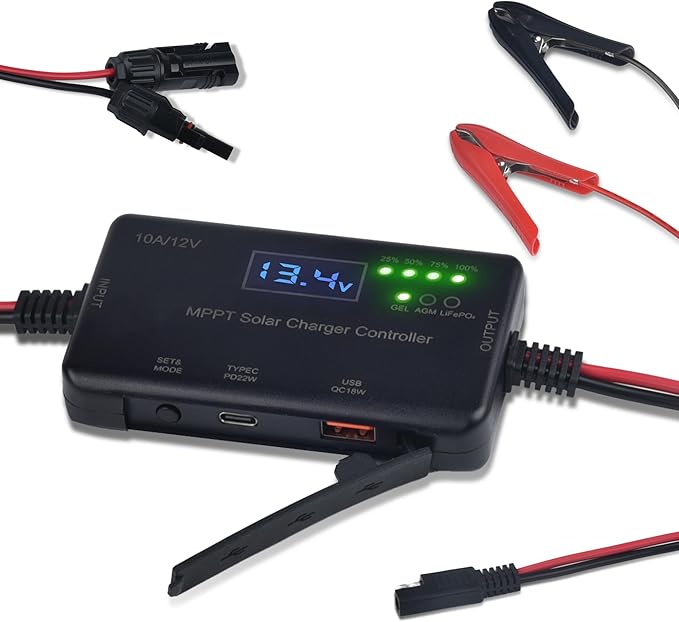 MPPT Solar Charge Controller 12V 10A with Battery Clamps,Solar Panel Charge Controller with Type-C and USB Output for Gel, AGM, LiFePO4 Battery