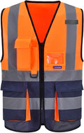 A-SAFETY High visibility vest,Reflective Safety Vest Workwear 7 Pockets Hi Vis Durable Vest with Reflective Tapes 4 Lower Pockets,Orange&Navy XL