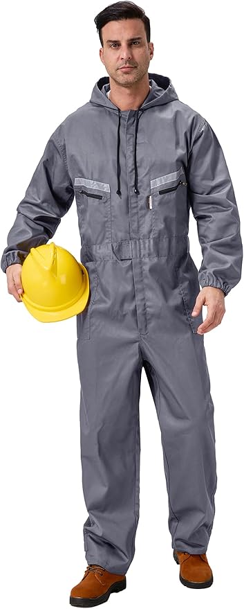 Mens Work Coveralls Mechanic Hooded Overall Workwear Jumpsuits Long Sleeve Hi Viz Coverall with Zippers