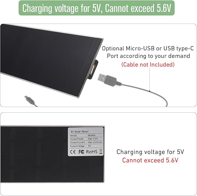 Blinds Motor Solar Charging Panel USB 2.0 Interface, 5V 5W for Motorized Roller Blinds Indoor Use Only - Compatible with Battery Tubular Motors