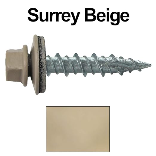 Metal Roofing Screws: (250) 10 x 1 Surrey Beige Hex Head Sheet Metal Roof Screw. Self Starting Metal to Wood siding Screws. EPDM Washer. Colored Head