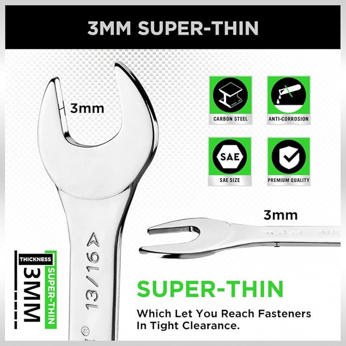SWANLAKE 9-piece Super-Thin Open End Wrench Set, SAE 1/4", 9/32", 5/16", 3/8", 11/32", 13/32", 7/16", 1/2", 9/16", 11/16", 5/8", 19/32", 3/4", 13/16", 7/8", 15/16", 1", 1-1/16" with Rolling Pouch