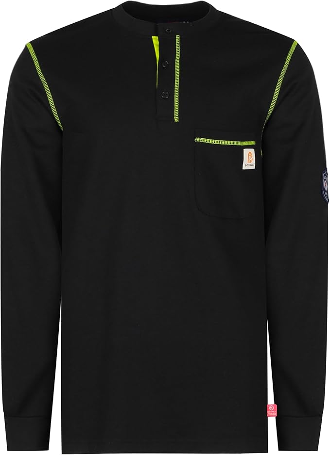 BOCOMAL FR Shirts Flame Resistant Henley Shirt NFPA2112/CAT2 7oz Men's Long Sleeve Fire Retardant Clothing