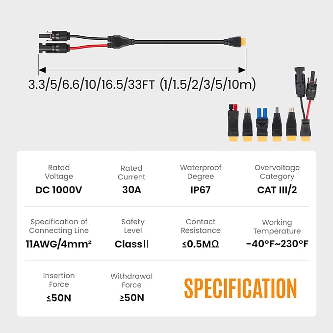 6-in-1 Solar Panel Connector Kit Solar Connector to DC5521 7909 8020 XT60 EC5 Solar Panel Multi Connector Cable Portable Heavy-Duty Weatherproof for RV Power Staion Generator(33ft)