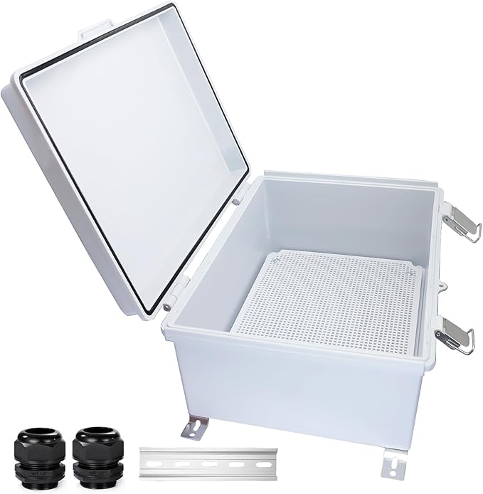 Waterproof Outdoor Electrical Box Junction Box Weatherproof IP67 ABS Plastic Enclosure Switch Router Project Box with Mounting Plate with Wall Bracket 2 Cable Glands Grey 13.78" x 9.85" x 5.92"