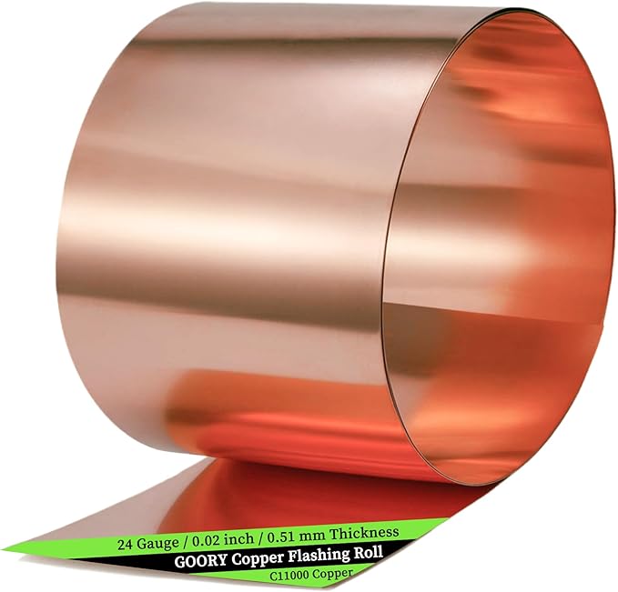 GOORY Copper Flashing 24 Gauge - 12in x 10ft 0.02"(0.51mm) Thickness Roof Flashing Roll - 99.95+% Pure Copper Sheet Metal ASTM B152 - Roofing Repair DIY Project Contractor Jewelry Crafts