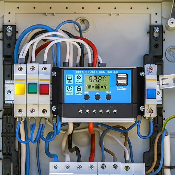 Anern 30A Solar Charge Controller, 12V/24V Dual USB Solar Panel Battery Intelligent Regulator with LCD Display, PWM Auto Parameter Adjustable, Timer Setting, Multiple Load Control Modes